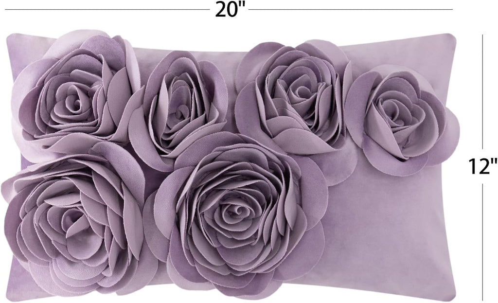 VG|purple|3D Flower Throw Pillow Cover Handmade Floral Soft Velvet Lumbar Cushion for Bed Living Room Chair Couch Decor Gold