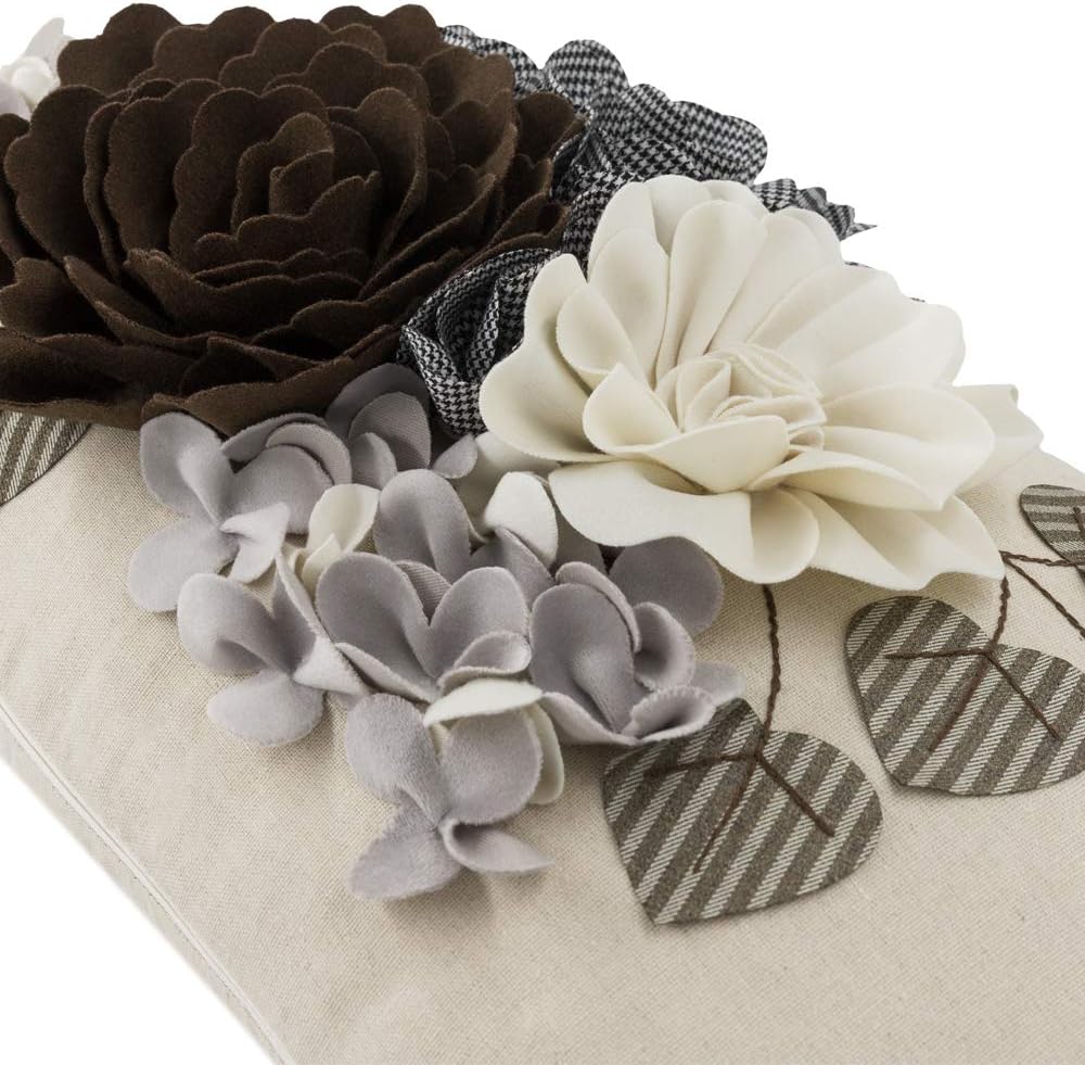 VG|brown|Decorative 3D Flower Throw Pillow Cover Handmade Floral Accent Cushion Case for Living Room Sofa Couch Chair Gray