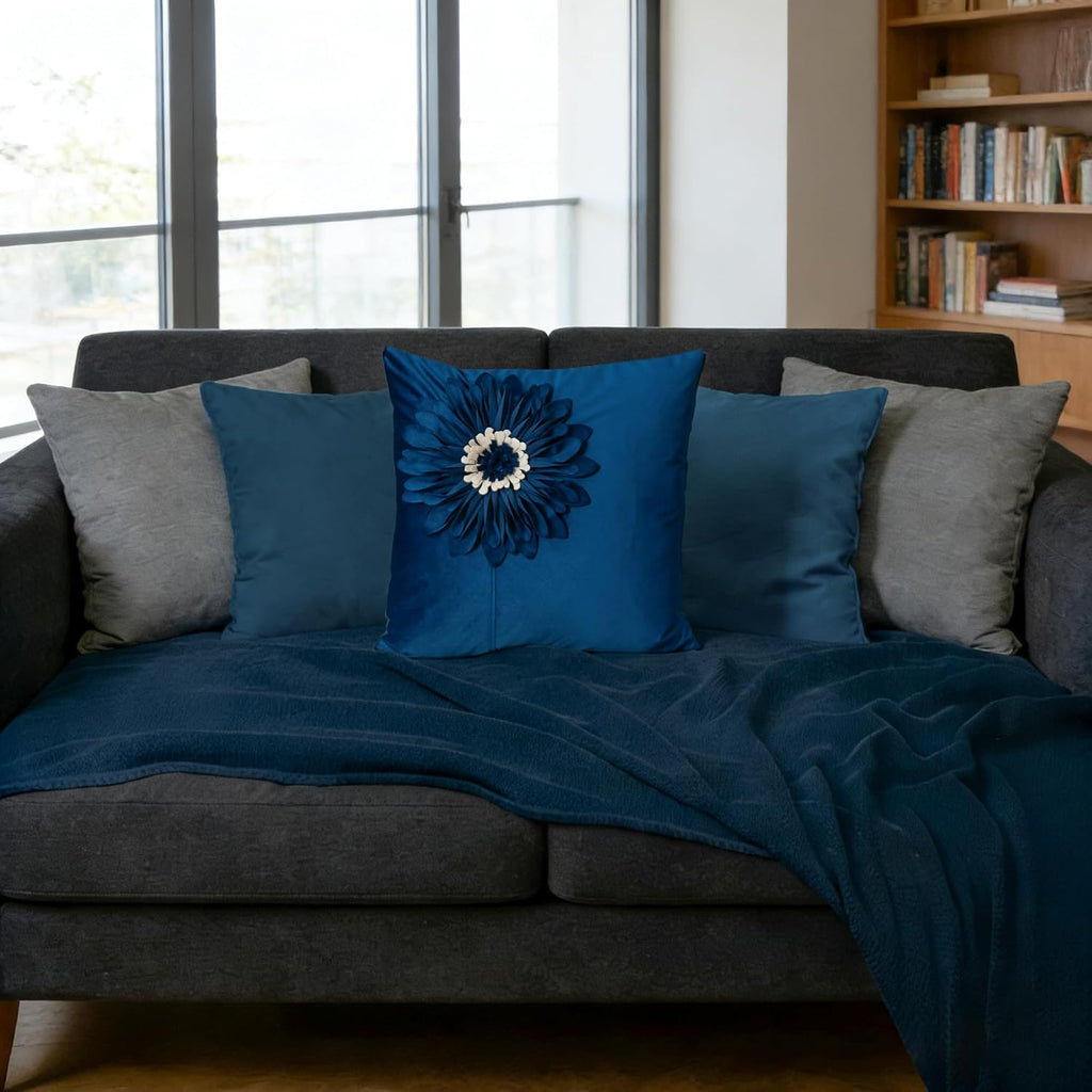 VG|navy-blue|Decorative Flower Throw Pillow Cover 3D Sunflower Pillow Case Velvet Cushion Floral Pillowcase for Bed Living Room Couch Chair