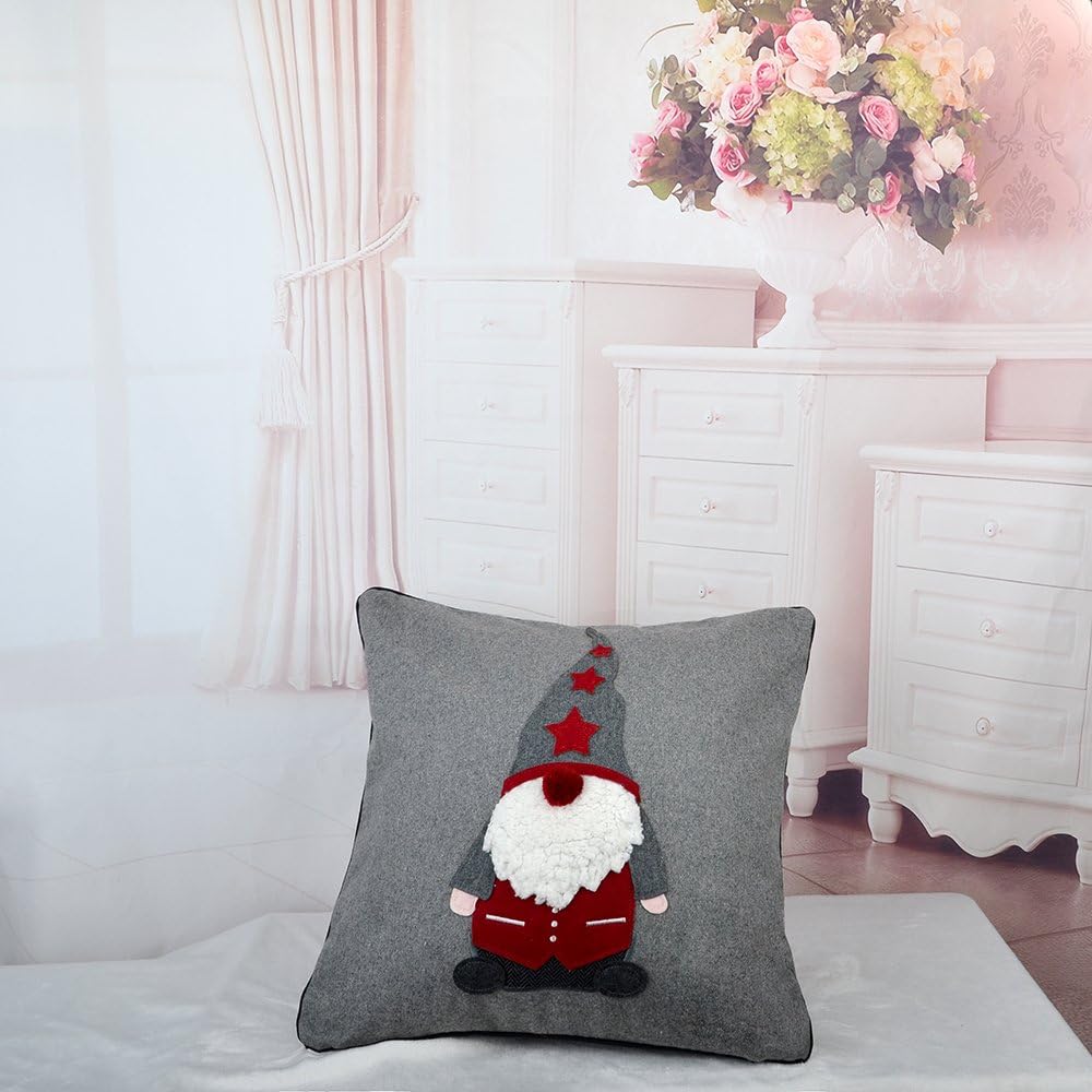Santa Claus Applique Throw Pillow Cover Christmas Ball Pillow Case Decorative Cushion Cover for Sofa Couch Chair Home Bed Living Room Wool Grey