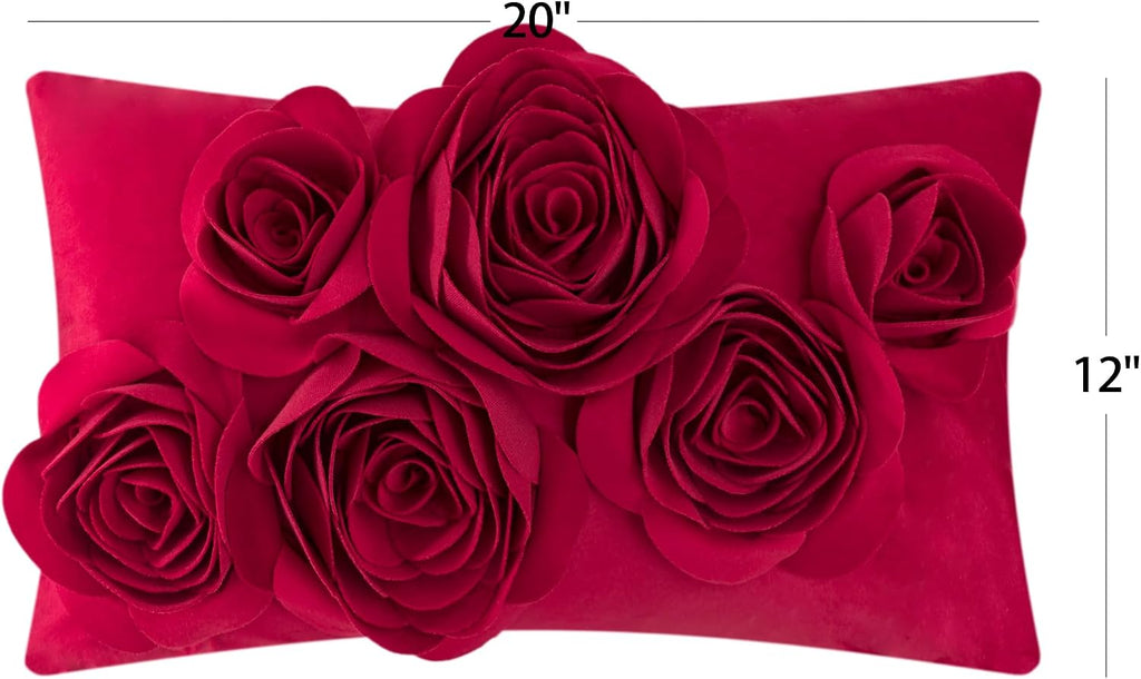VG|red|3D Flowers Throw Pillow Cover Decorative Soft Velvet Accent Floral Cushion Lumbar Pillowcase for Bed Sofa Couch Living Room