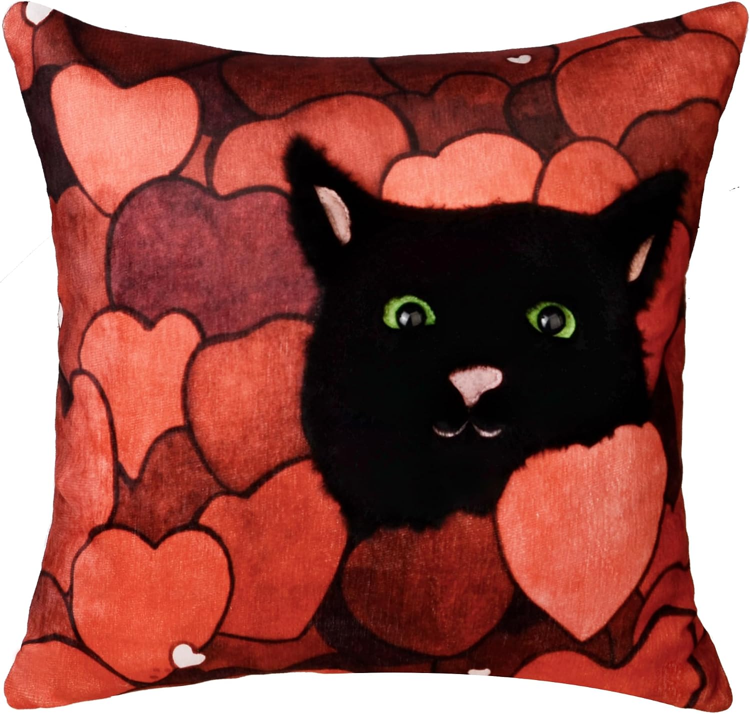 Valentine Black Cat Hearts Throw Pillow Cover, Decorative Velvet Cushion Case, Red and Black Love Theme - Default Title