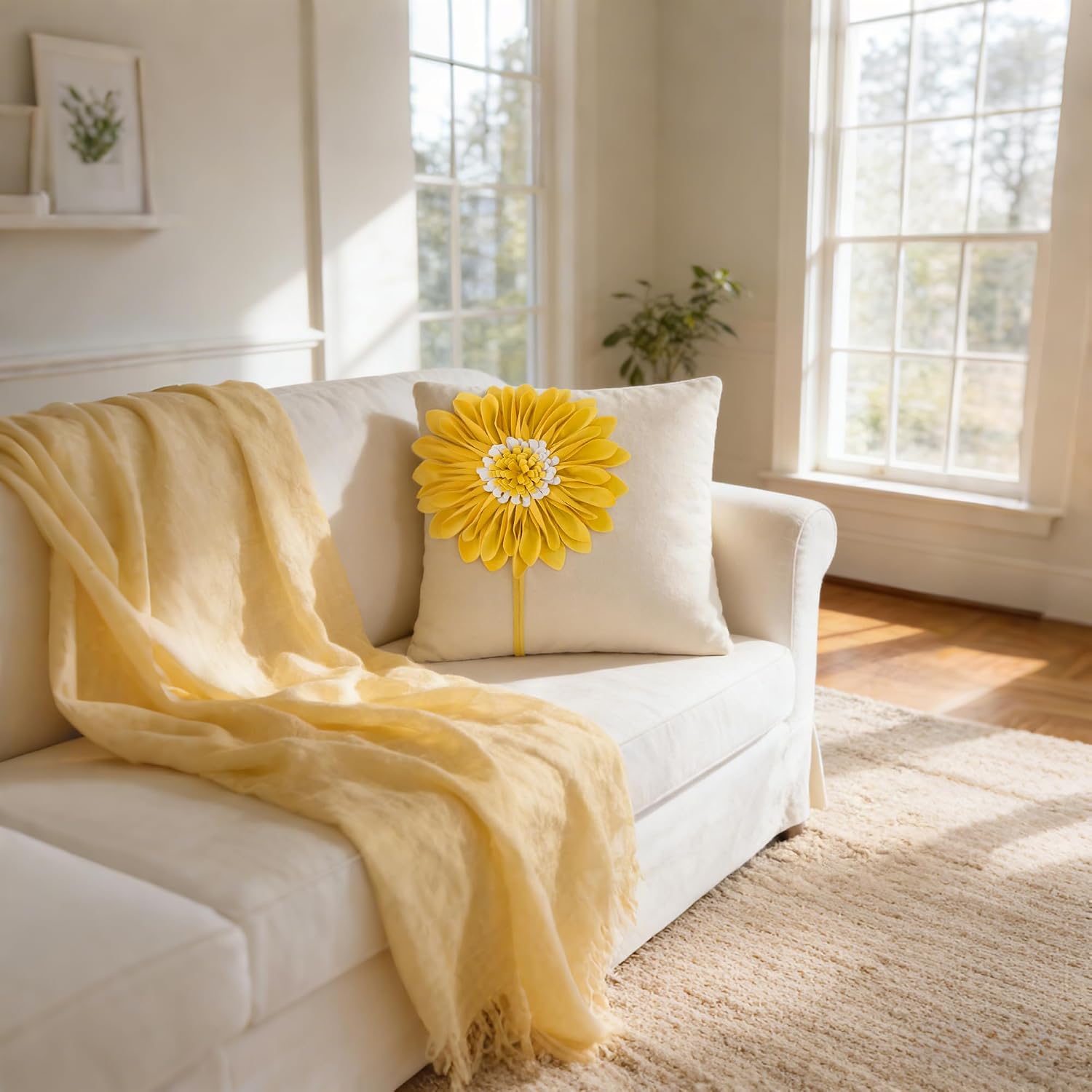 VG|yellow|Decorative Flower Throw Pillow Cover 3D Sunflower Pillow Case Velvet Cushion Floral Pillowcase for Bed Living Room Couch Chair