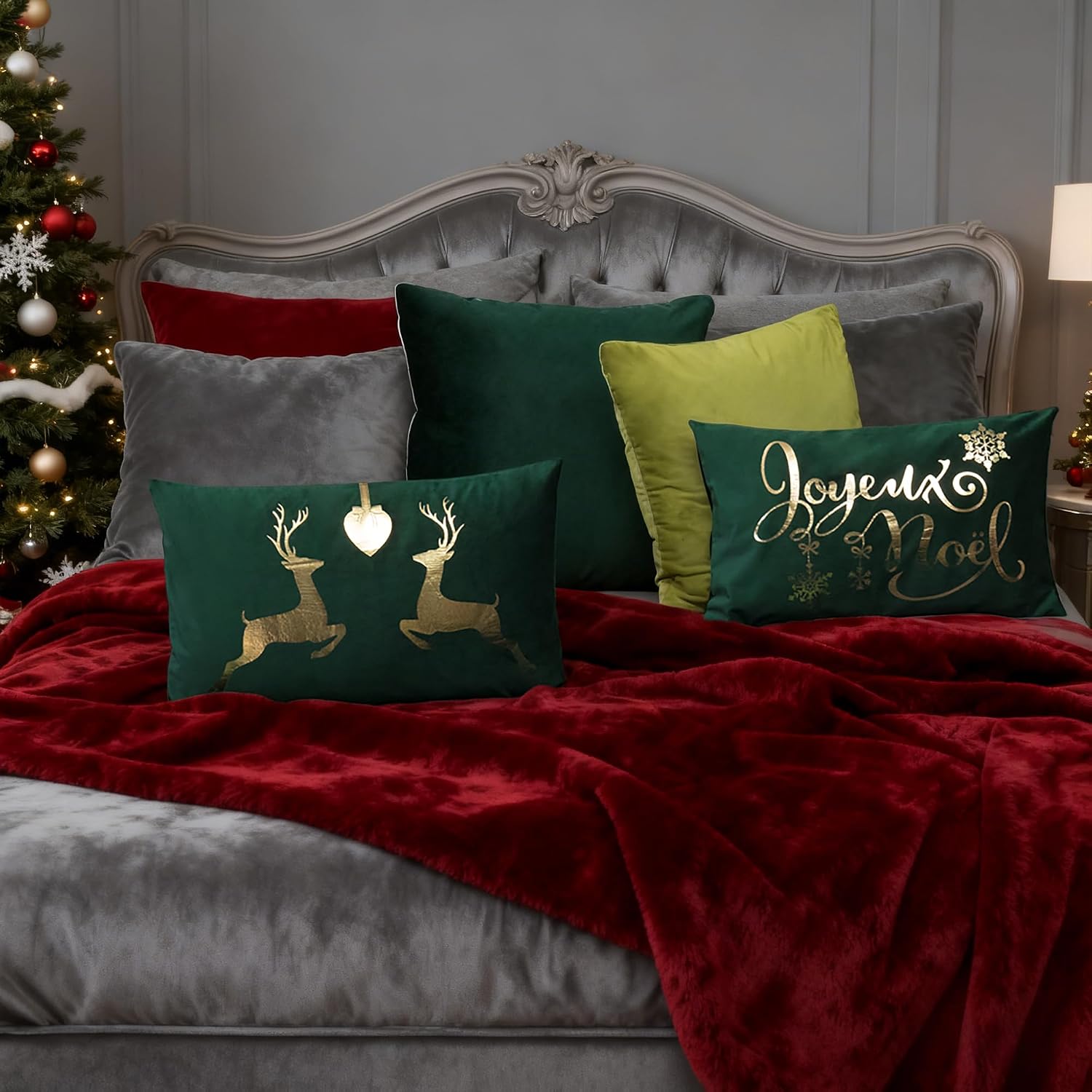 VG|deer-green|Gold Foil Decorative Accent Throw Pillow Cases Rectangle Cushion Covers for Bed Living Room White