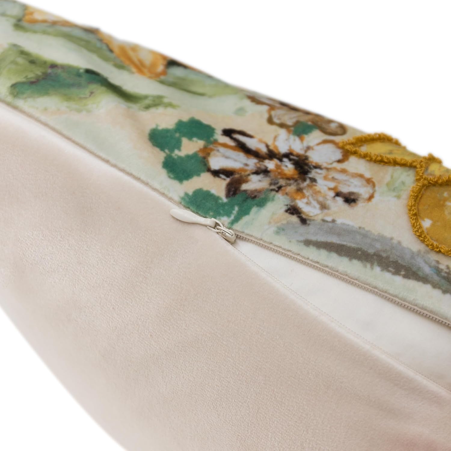 Velvet Throw Pillow Cover with Sunflower Design, Yellow and Green