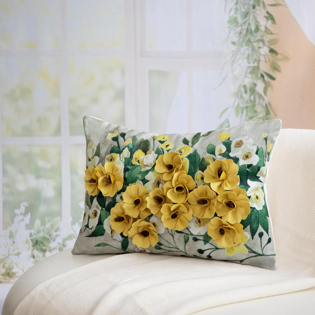 VG|yellow-flowers|3D Flower Lumbar Throw Pillow Covers White