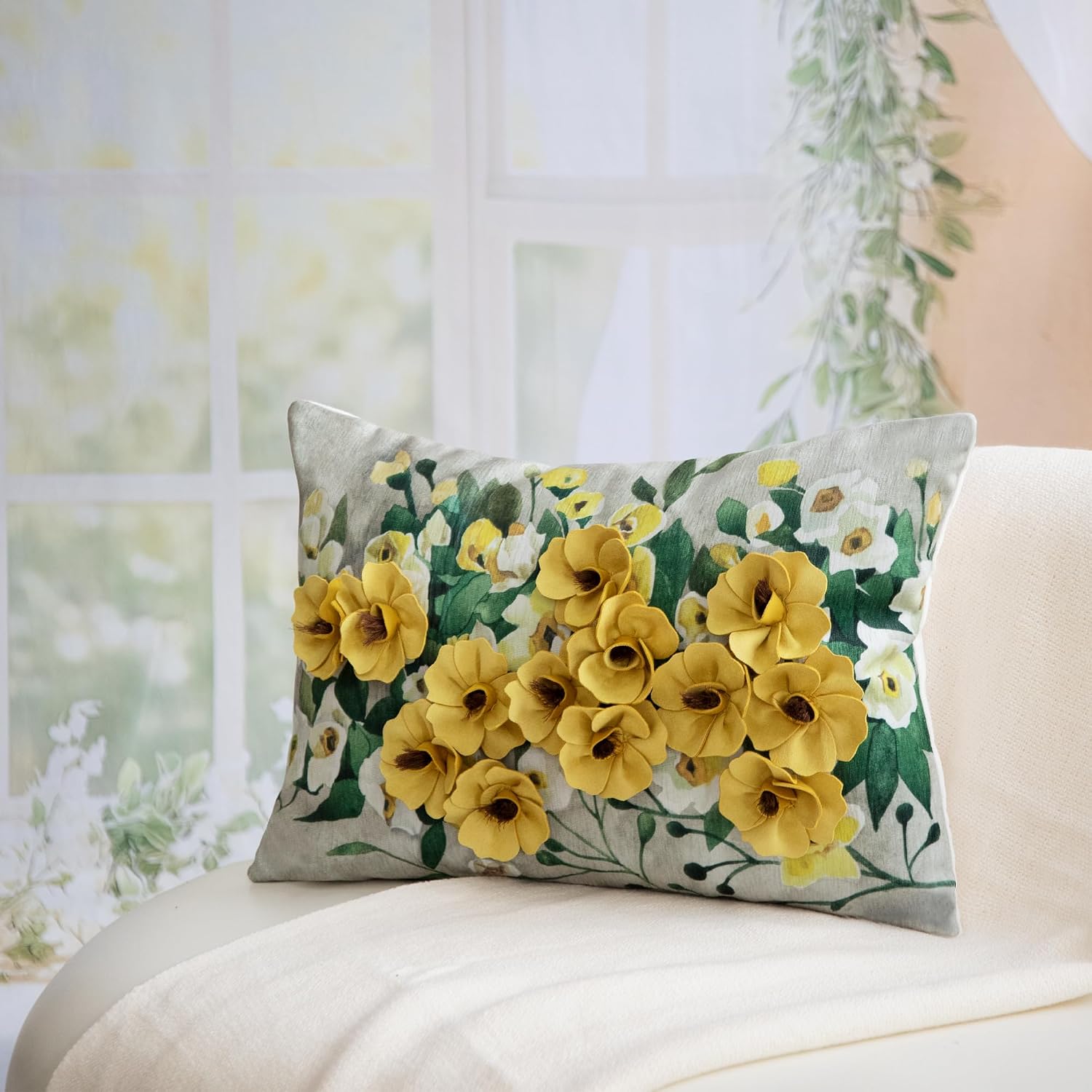 VG|yellow-flowers|3D Flower Lumbar Throw Pillow Covers White