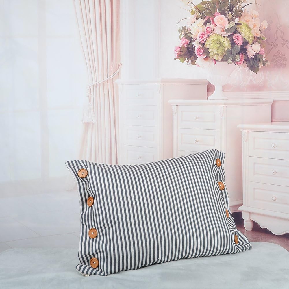 VG|grey|Stripes Buttons Linen Decorative Accent Throw Pillow Cases Cushions Covers for Sofa Couch Bed