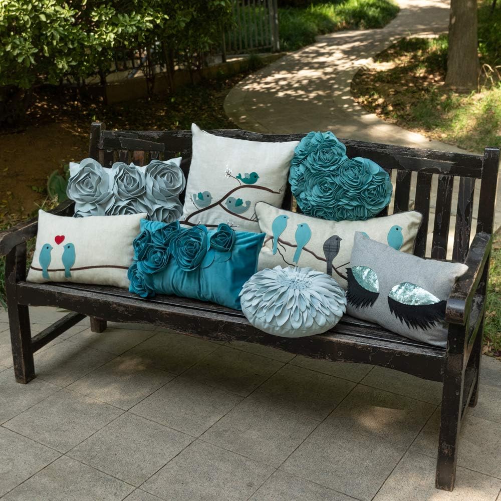 VG|teal-blue-gray-plaid-birds-on-branch|Cute Birds Throw Pillow Cover Lumbar Accent Cushion Embroidered Pillowcase for Home Sofa Bed Living Room Dark Blue Orange Beige