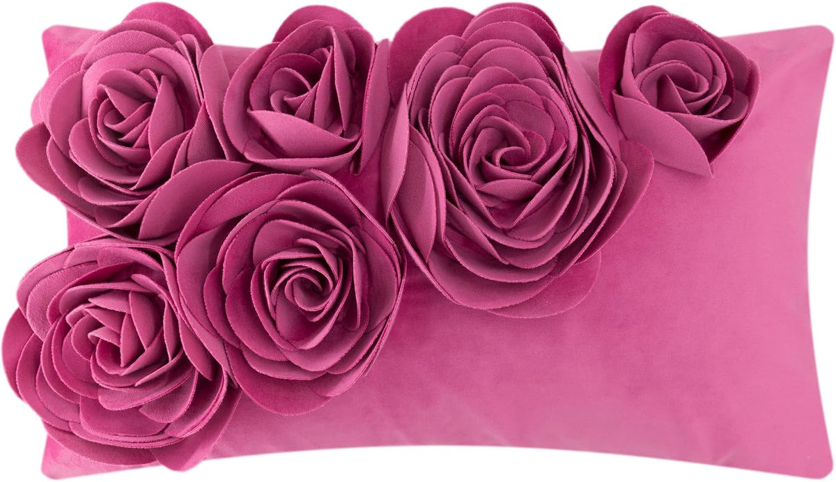 VG|hot-pink|3D Flowers Throw Pillow Cover Decorative Soft Velvet Accent Floral Cushion Lumbar Pillowcase for Bed Sofa Couch Living Room