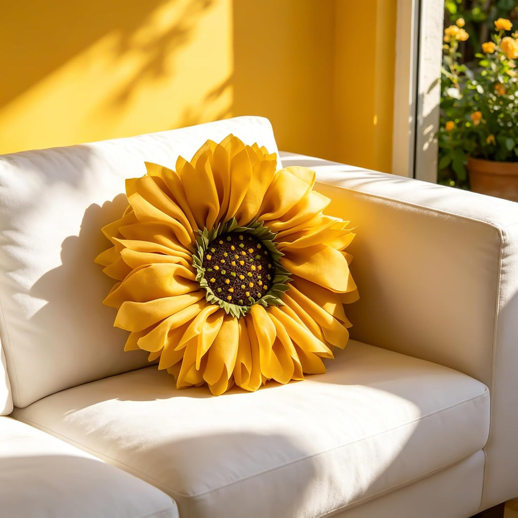 VG|mustard-yellow|3D Flower Throw Pillow Cover Decorative Round Daisy Shaped Cushion Floral Pillowcase for Bed Sofa Couch Living Room