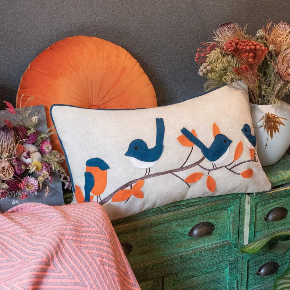 VG|navy-blue-orange-with-birds|Cute Birds Throw Pillow Cover Lumbar Accent Cushion Embroidered Pillowcase for Home Sofa Bed Living Room Dark Blue Orange Beige