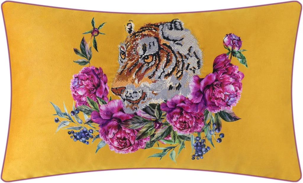 Yellow Tiger Pillow Covers Decorative Flower Embroidered Throw Pillow Colorful Accent Pillow Case Velvet Cushion Luxury Pillowcase for Bed Couch Bedroom Office Decor - Default Title
