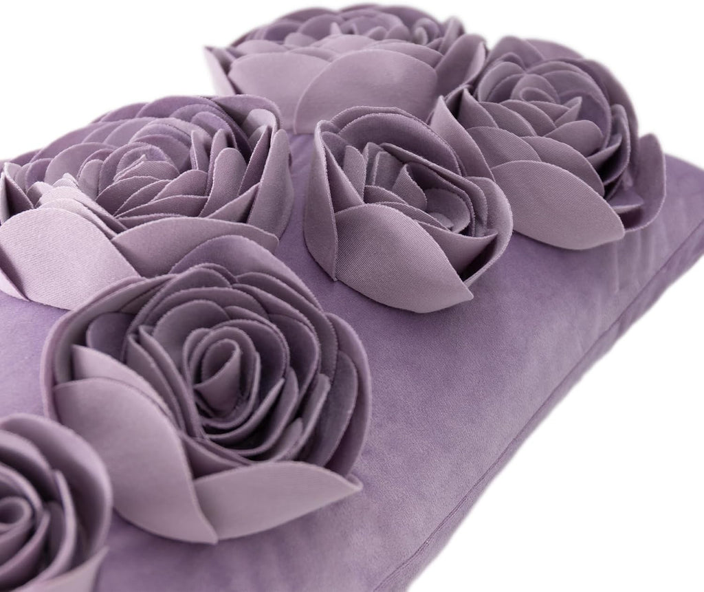 VG|purple|3D Flower Throw Pillow Cover Handmade Floral Soft Velvet Lumbar Cushion for Bed Living Room Chair Couch Decor Gold