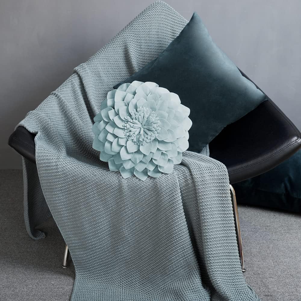 VG|sky-blue|3D Flower Throw Pillow Cover Decorative Round Cushion Floral Accent Pillowcase for Bedroom Living Room Bed Couch Pink Velvet