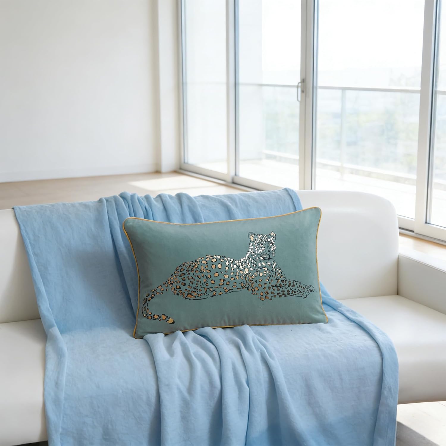 VG|teal-green|Leopard Print Throw Pillow Cover Decorative Velvet Cushion with Gold Foil Printing for Bed Couch Chair Car