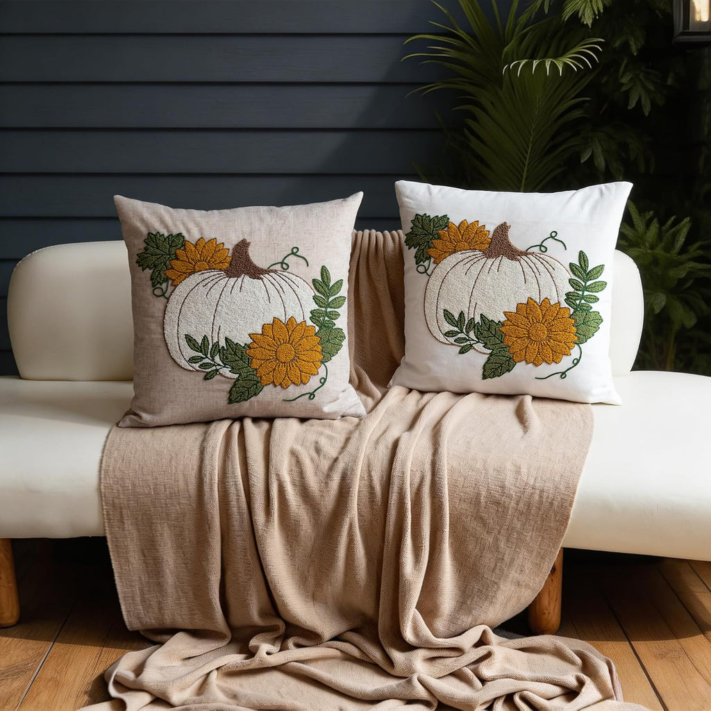 Fall Floral Pumpkin Embroidered Throw Pillow Cover