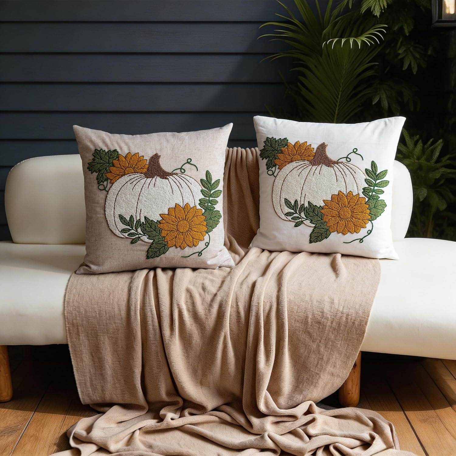 Fall Floral Pumpkin Embroidered Throw Pillow Cover