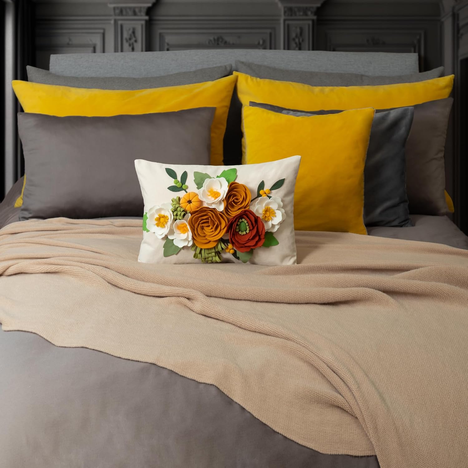 3D Floral Decorative Throw Pillow Cover White and Orange