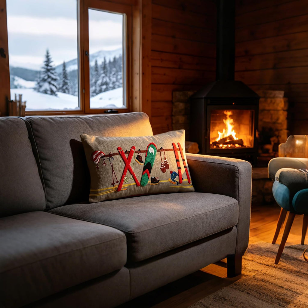 Ski Theme Chenille Throw Pillow Cover