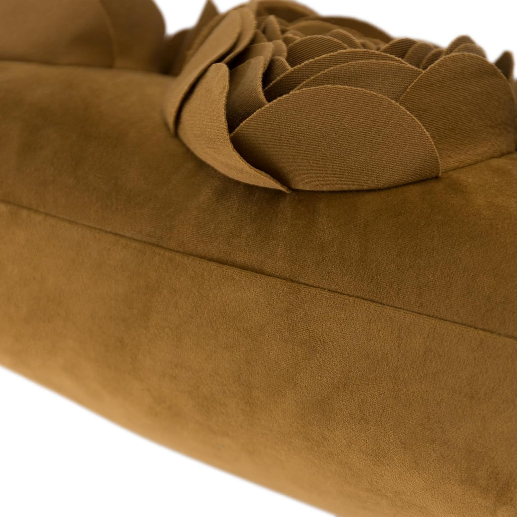 VG|mustard-brown|3D Flowers Throw Pillow Cover Decorative Soft Velvet Accent Floral Cushion Lumbar Pillowcase for Bed Sofa Couch Living Room