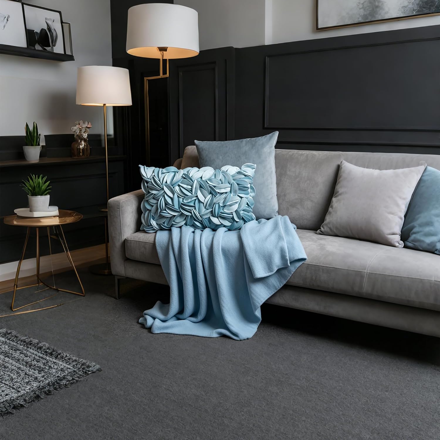 VG|light-blue-velvet|Handmade 3D Floral Throw Pillow Cover