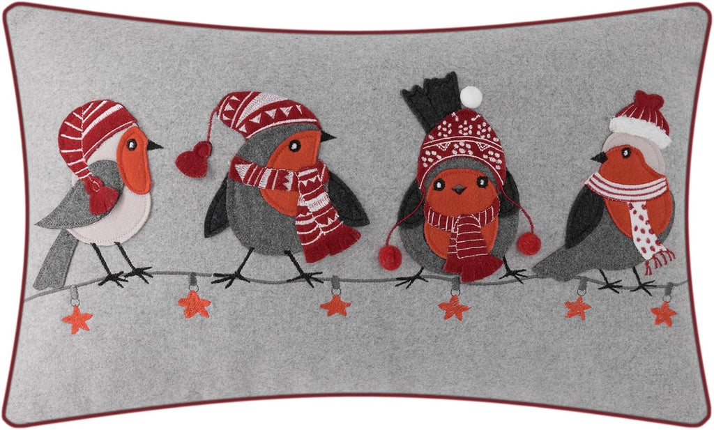 Christmas Robin Bird Throw Pillow Cover Applique Pillow Case Oblong Cushion Cover for Home Decor Living Room Bed Sofa Couch - Default Title