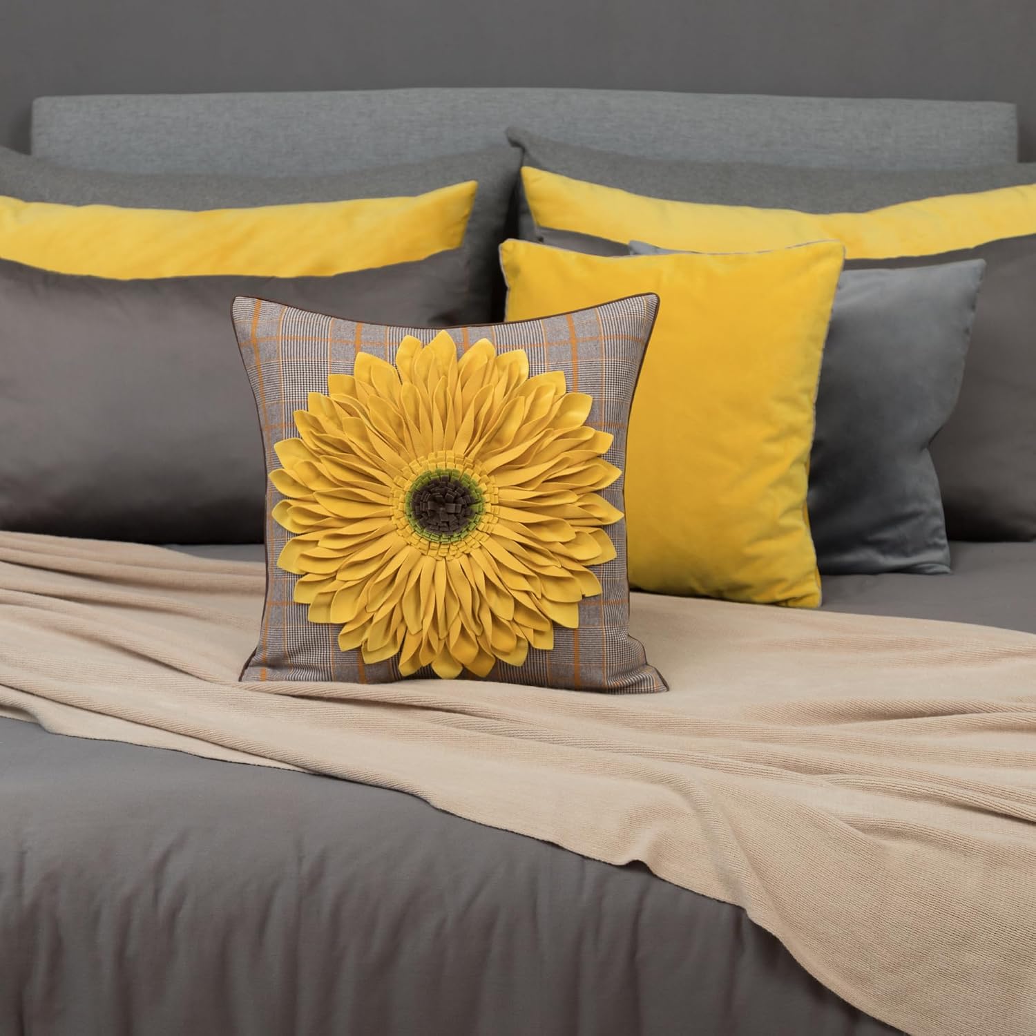 VG|yellow-plaid|3D Sunflowers Throw Pillow Cover Wine Red