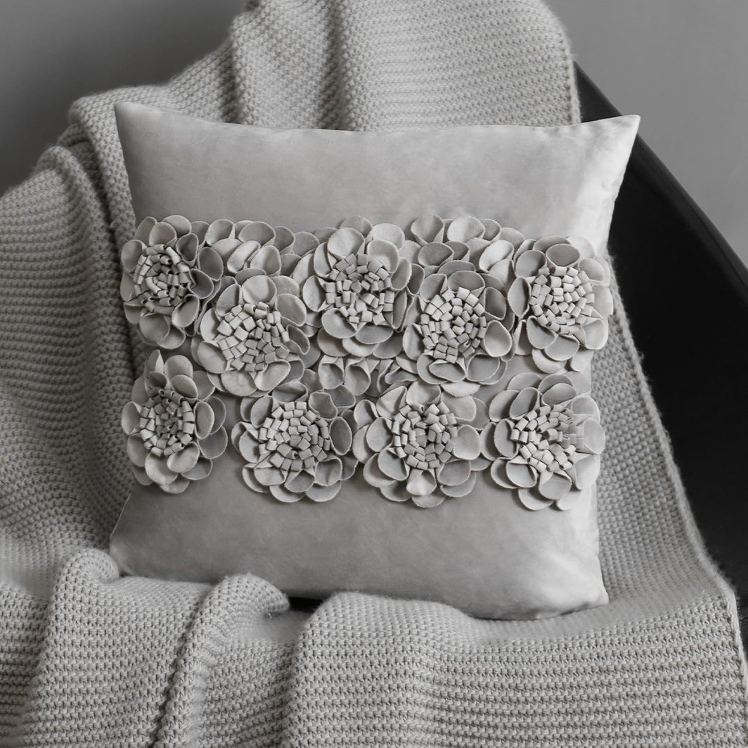 VG|gray|Handmade 3D Flower Throw Pillow Cover