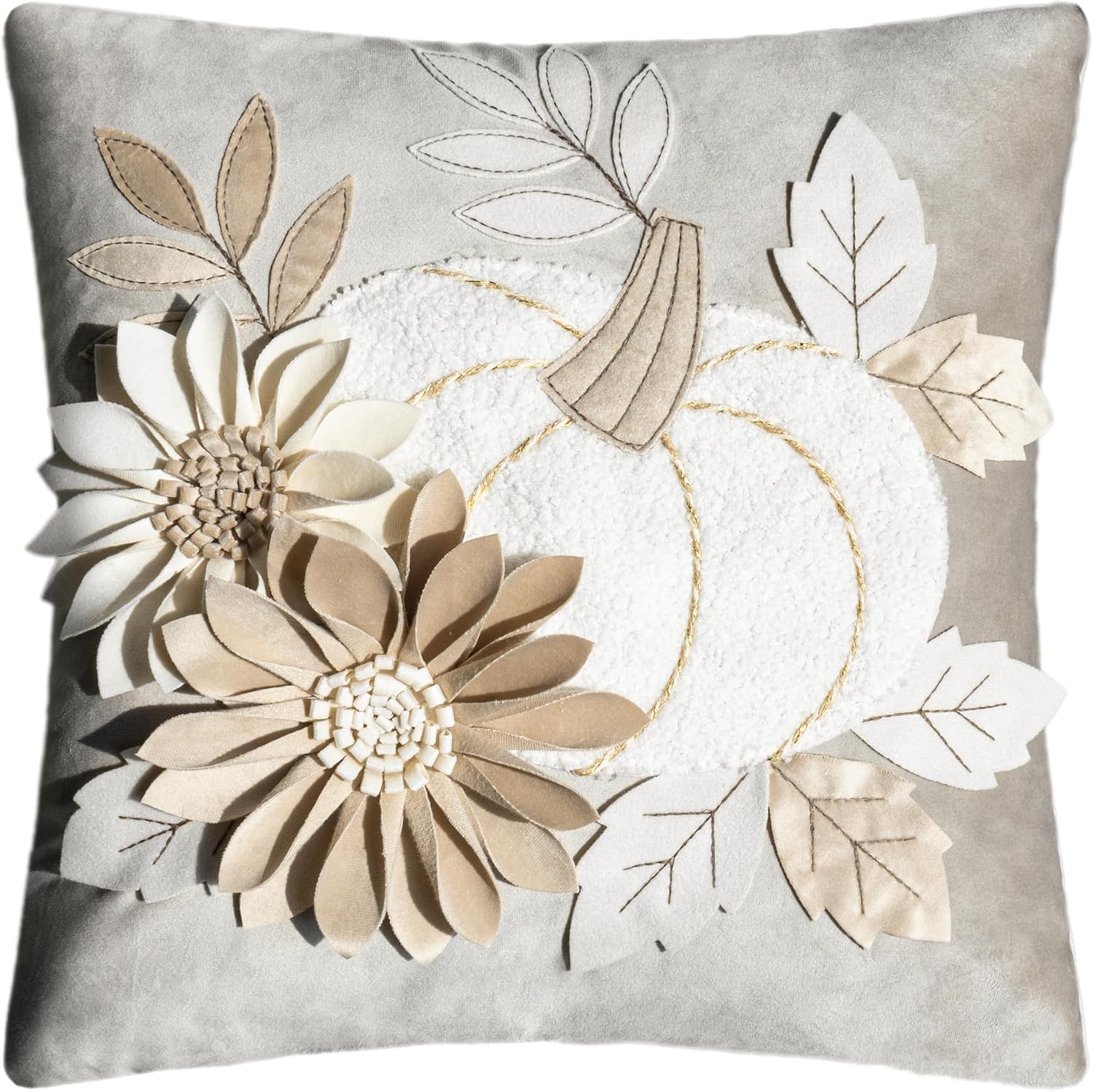 Throw Pillow Cover Pumpkin Floral 3D Design Square Neutral Beige Fall Home Decor - Default Title