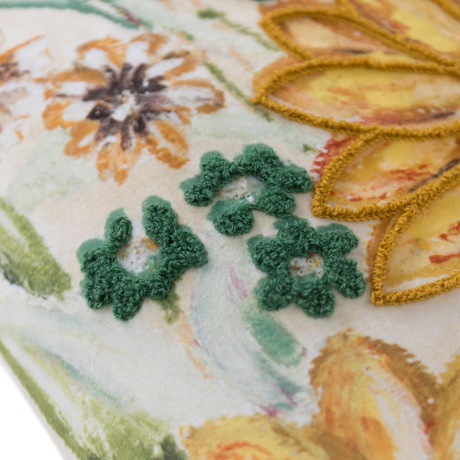 Velvet Throw Pillow Cover with Sunflower Design, Yellow and Green