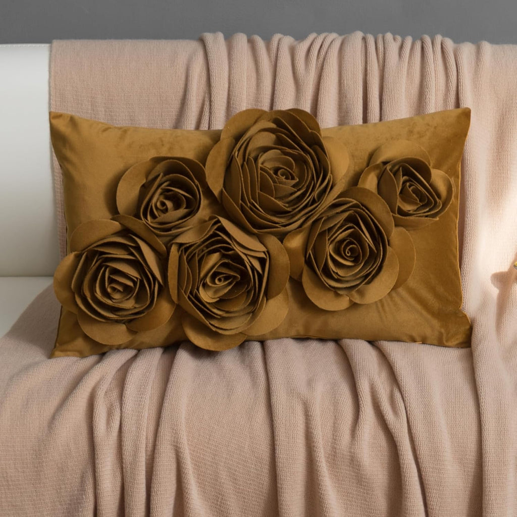 VG|mustard-brown|3D Flowers Throw Pillow Cover Decorative Soft Velvet Accent Floral Cushion Lumbar Pillowcase for Bed Sofa Couch Living Room