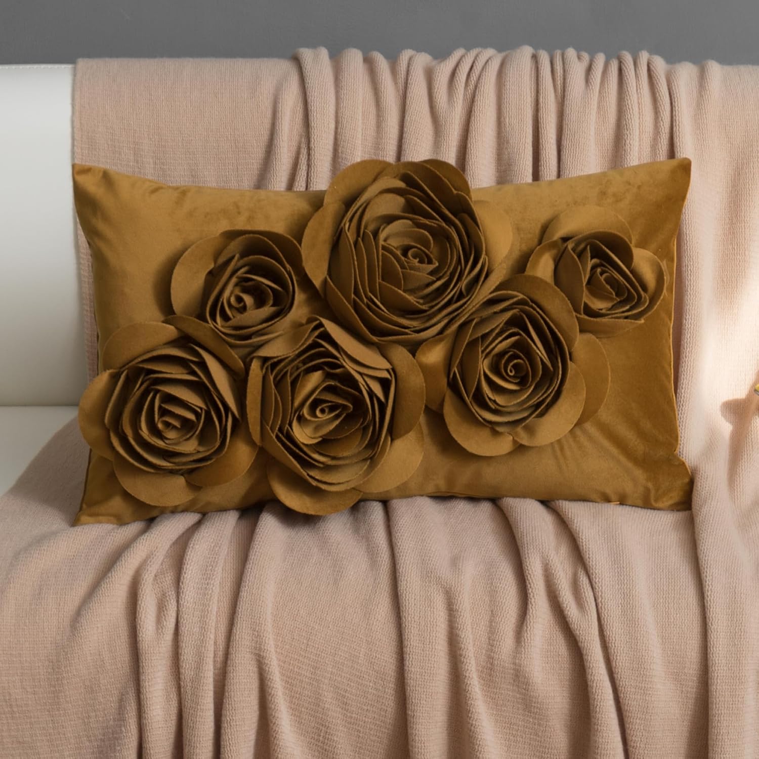 VG|mustard-brown|3D Flowers Throw Pillow Cover Decorative Soft Velvet Accent Floral Cushion Lumbar Pillowcase for Bed Sofa Couch Living Room