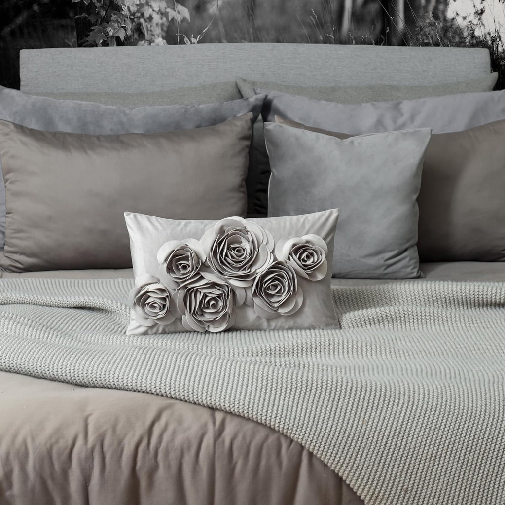 VG|gray|3D Flowers Throw Pillow Cover Decorative Soft Velvet Accent Floral Cushion Lumbar Pillowcase for Bed Sofa Couch Living Room