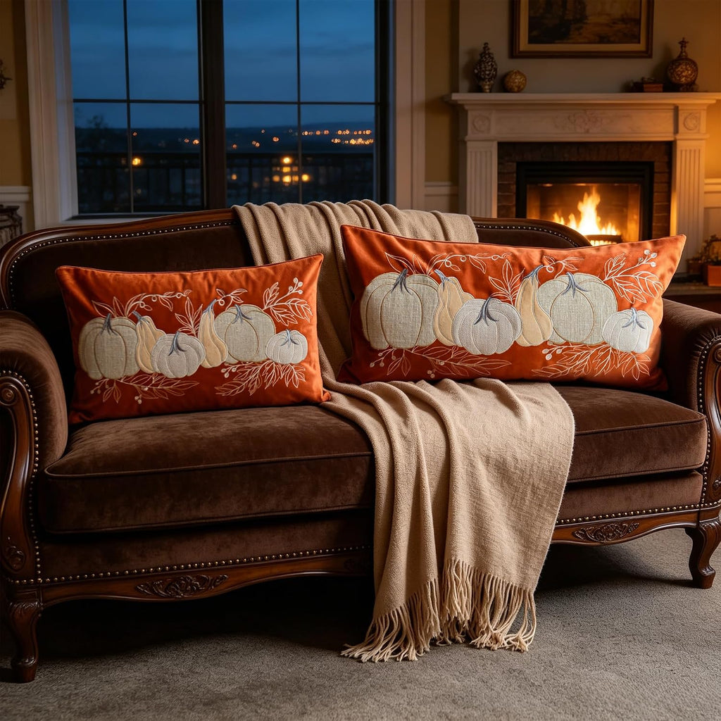 Fall Harvest Pumpkin Embroidered Throw Pillow Cover Velvet
