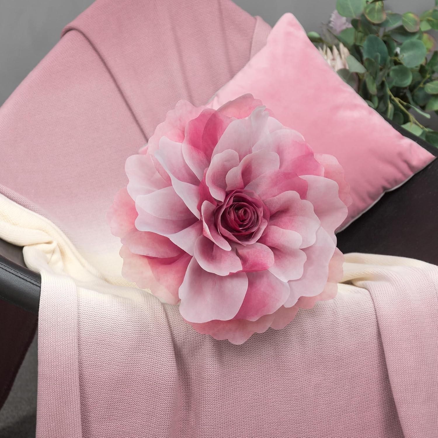 3D Peony Flower Decorative Throw Pillow with Insert Included