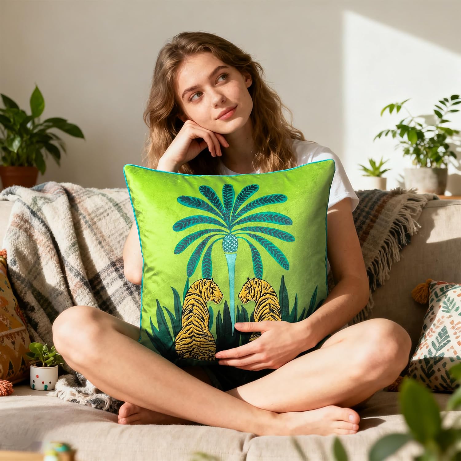 Decorative Tiger Embroidered Design Throw Pillow Cover Tropical Palm Pillowcase