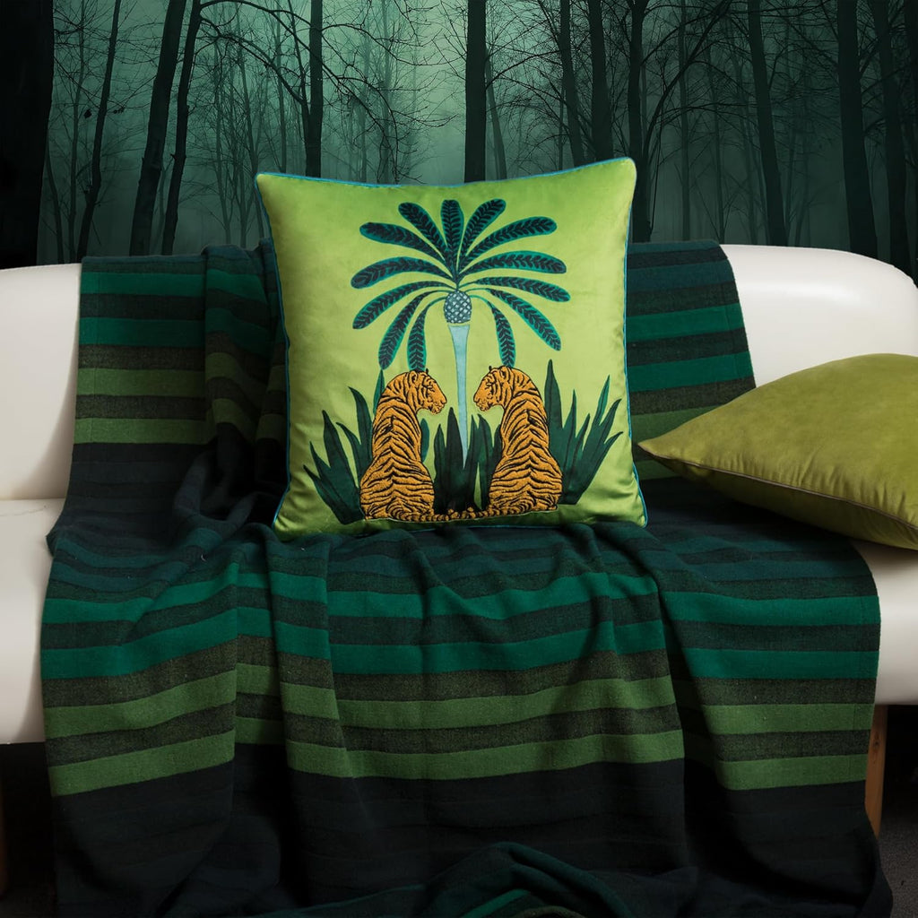 Decorative Tiger Embroidered Design Throw Pillow Cover Tropical Palm Pillowcase