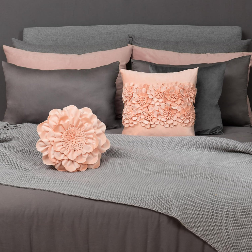 VG|peach-pink|Flower Throw Pillow Cover Decorative Round Pillowcase Floral Cushion for Bed Sofa Couch Car Decor