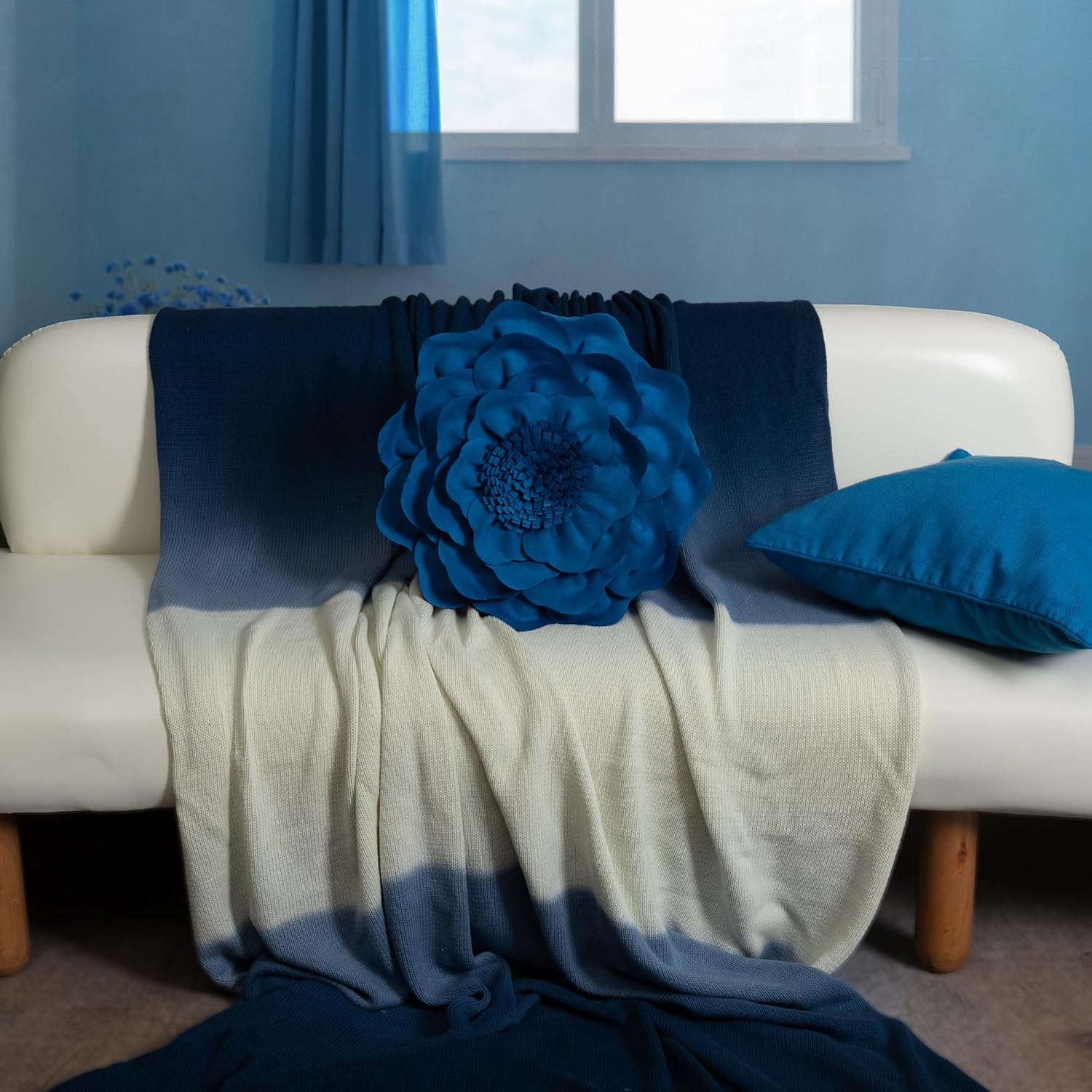 VG|blue|Flower Throw Pillow Cover Decorative Round Pillowcase Floral Cushion for Bed Sofa Couch Car Decor