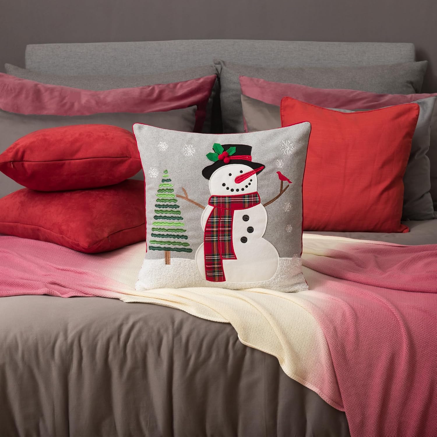 Decorative Embroidered Christmas Tree Applique Snowman Throw Pillow Cover