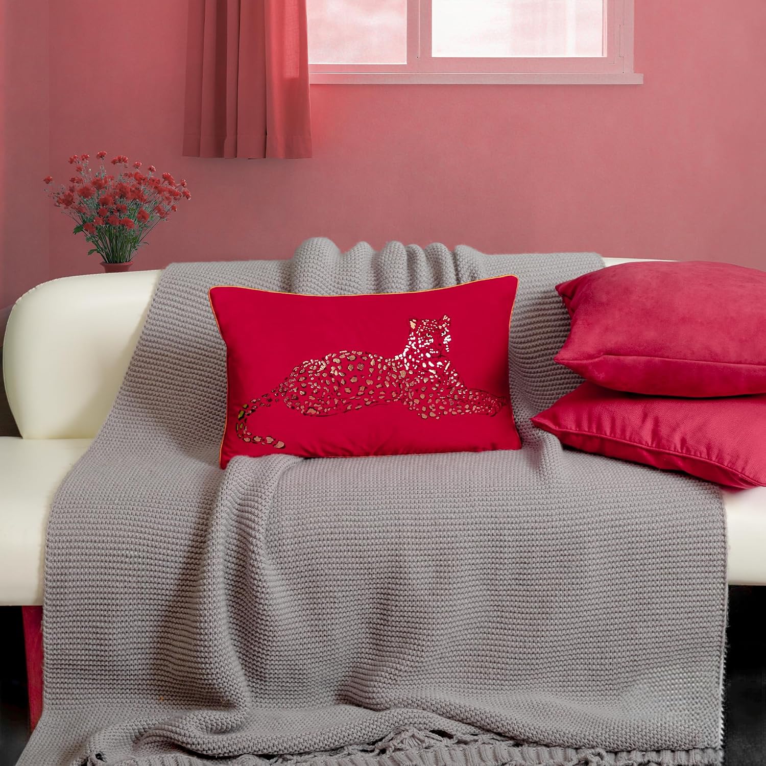 VG|red|Leopard Print Throw Pillow Cover Decorative Velvet Cushion with Gold Foil Printing for Bed Couch Chair Car