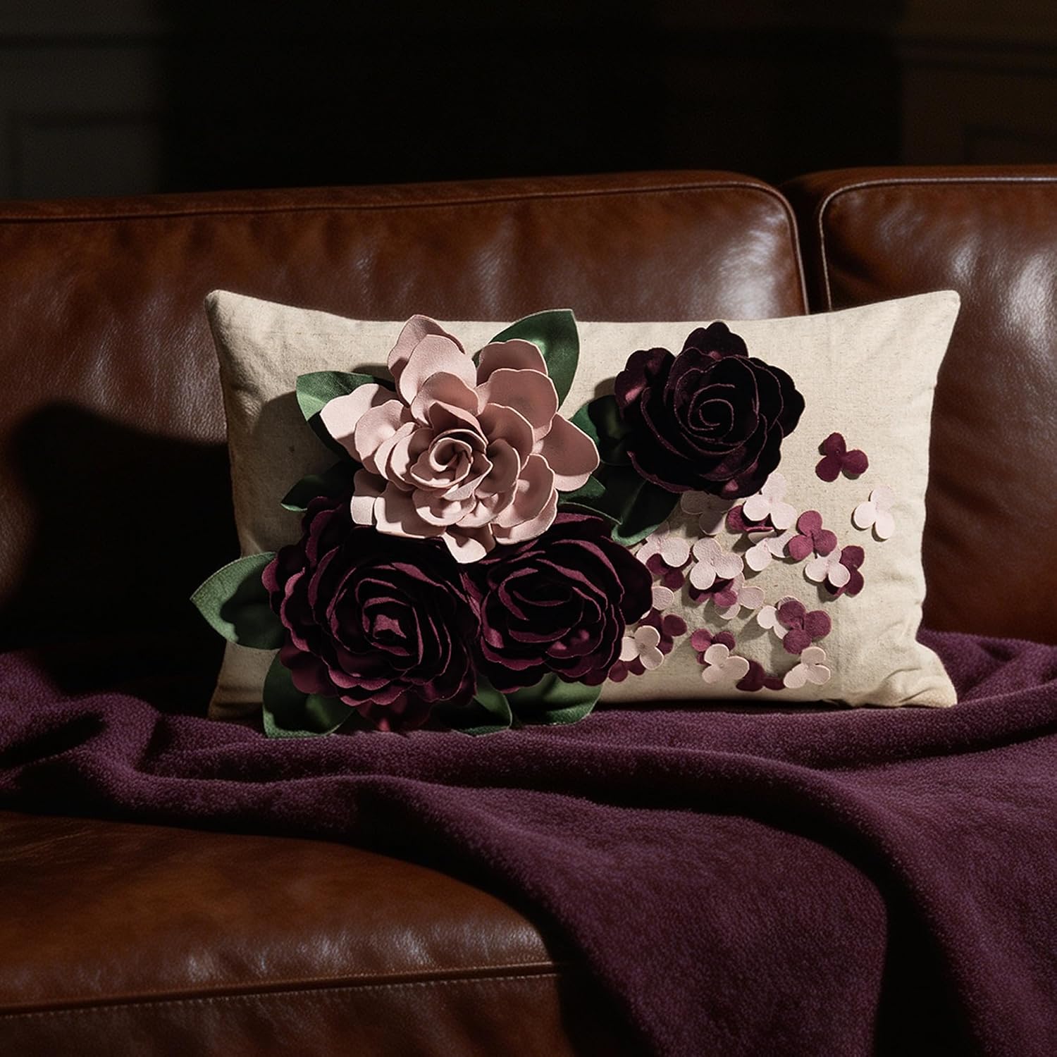 VG|burgundy|Vintage 3D Flower Throw Pillow Cover