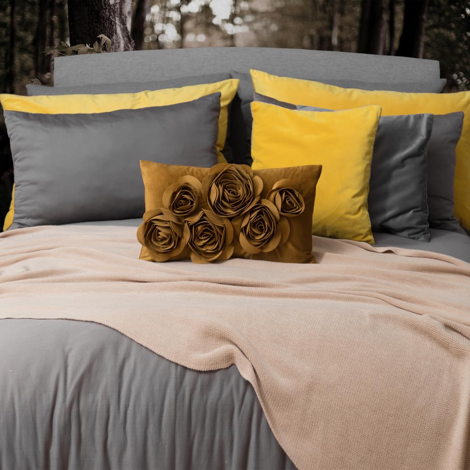 VG|mustard-brown|3D Flowers Throw Pillow Cover Decorative Soft Velvet Accent Floral Cushion Lumbar Pillowcase for Bed Sofa Couch Living Room