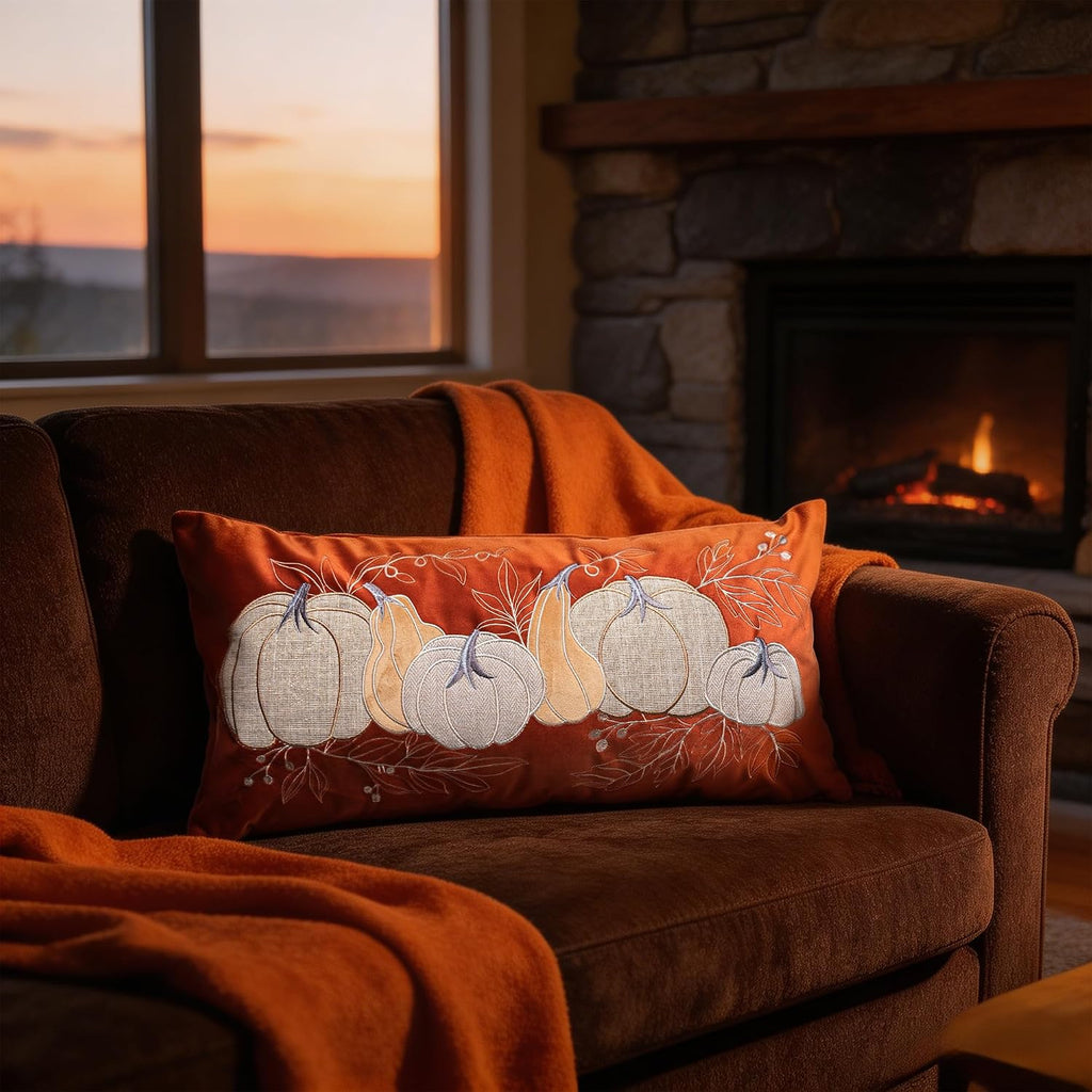 Fall Harvest Pumpkin Embroidered Throw Pillow Cover Velvet