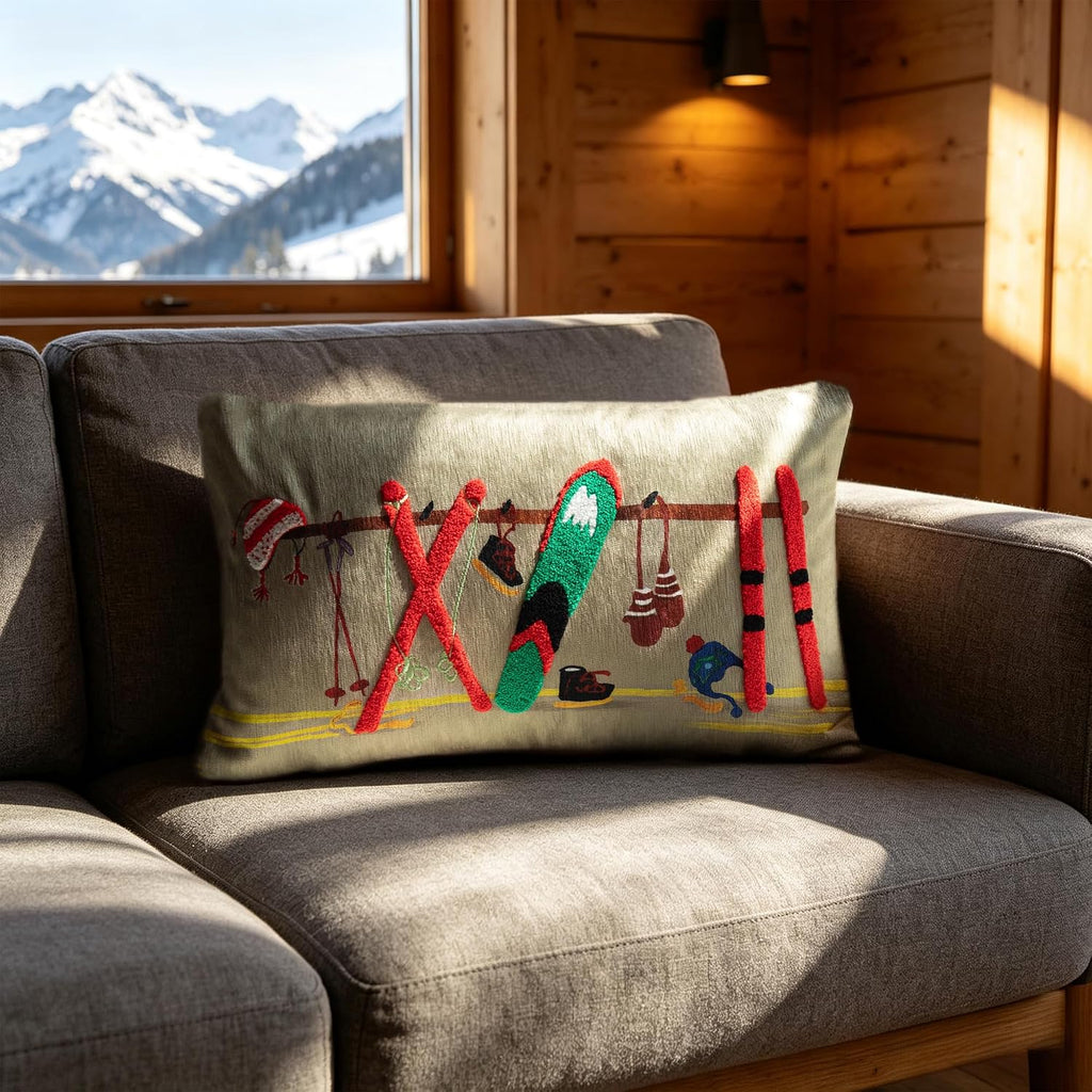 Ski Theme Chenille Throw Pillow Cover