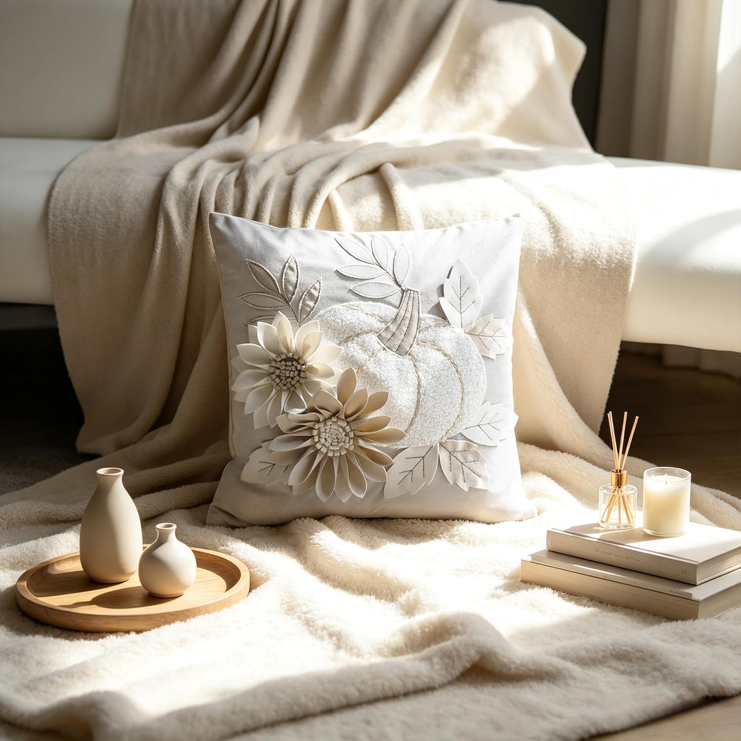 Throw Pillow Cover Pumpkin Floral 3D Design Square Neutral Beige Fall Home Decor