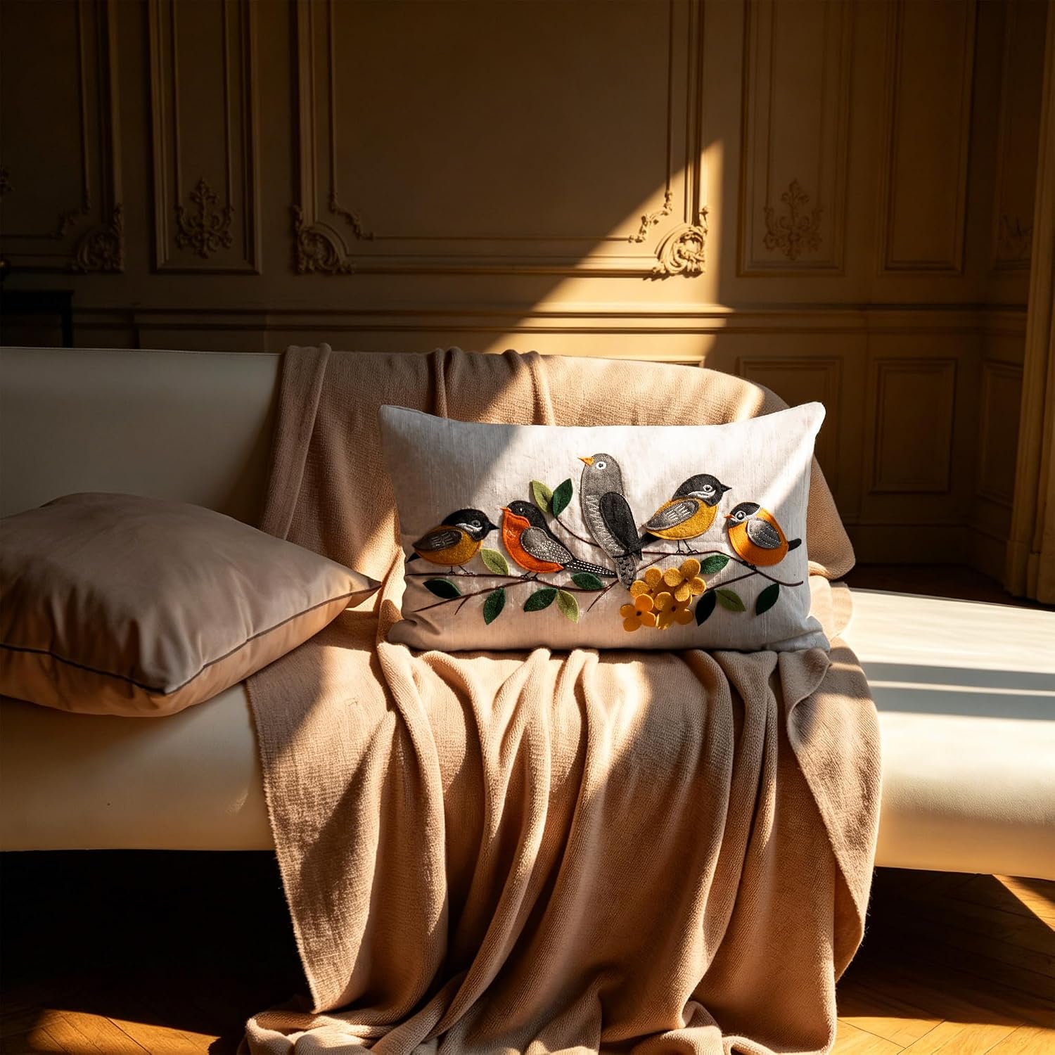 Applique Birds Throw Pillow Cover, Orange