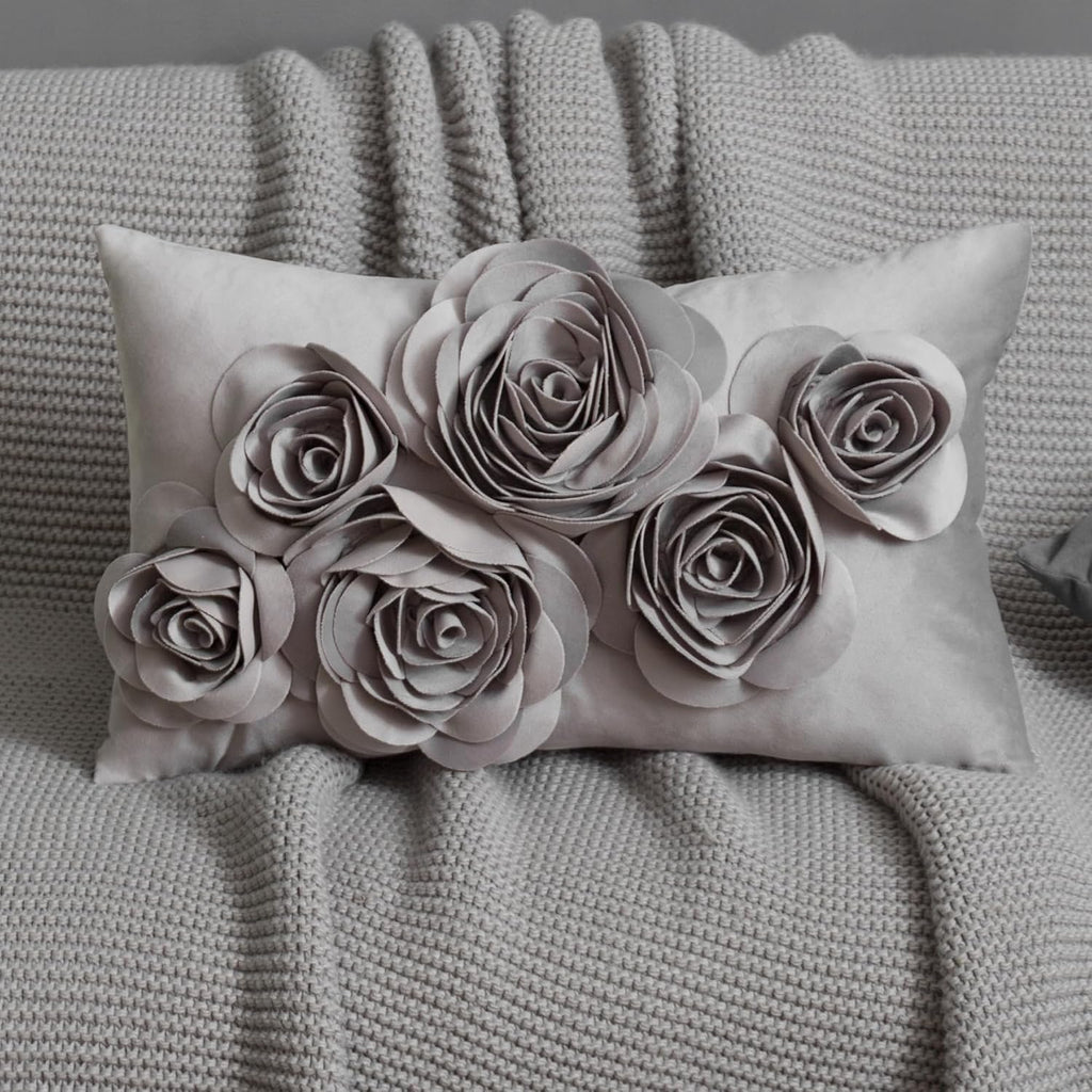 VG|gray|3D Flowers Throw Pillow Cover Decorative Soft Velvet Accent Floral Cushion Lumbar Pillowcase for Bed Sofa Couch Living Room