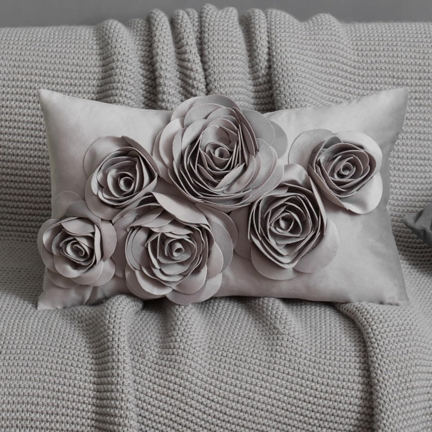 VG|gray|3D Flowers Throw Pillow Cover Decorative Soft Velvet Accent Floral Cushion Lumbar Pillowcase for Bed Sofa Couch Living Room